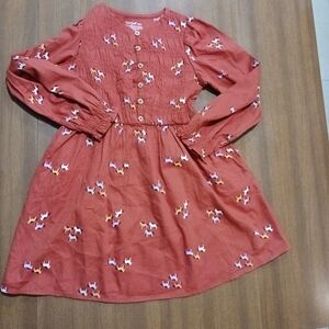 Cat & Jack dress  Horses Orange LS  Smocking Buttons Cotton Girls Small 6/7